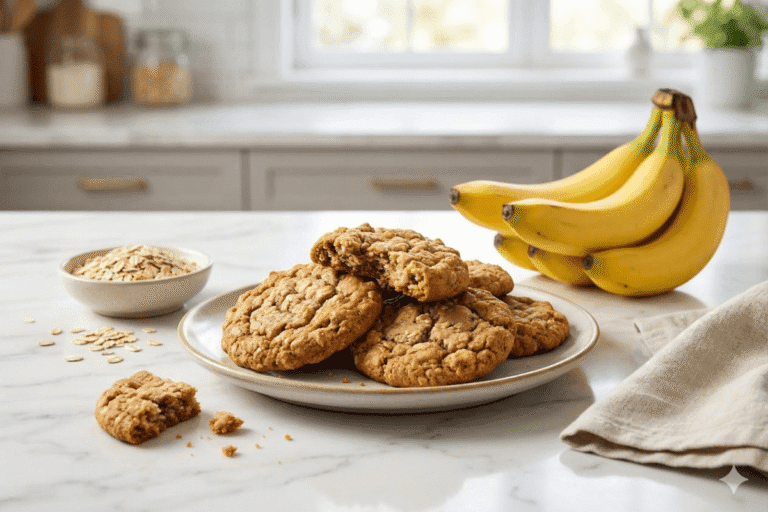 Gluten-free banana oat cookies on a plate with ripe bananas and oats in the background