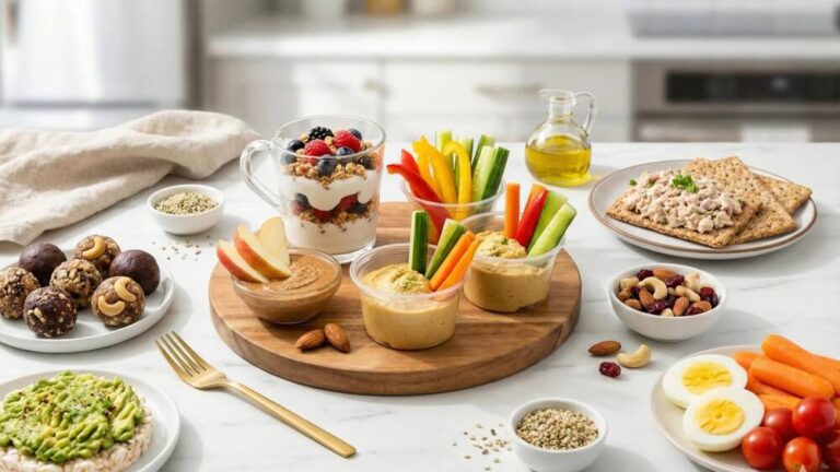 healthy snack ideas variety spread featuring hummus vegetables yogurt parfait nuts fruits