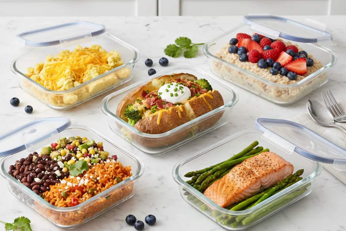 five microwave meal prep containers with different healthy recipes