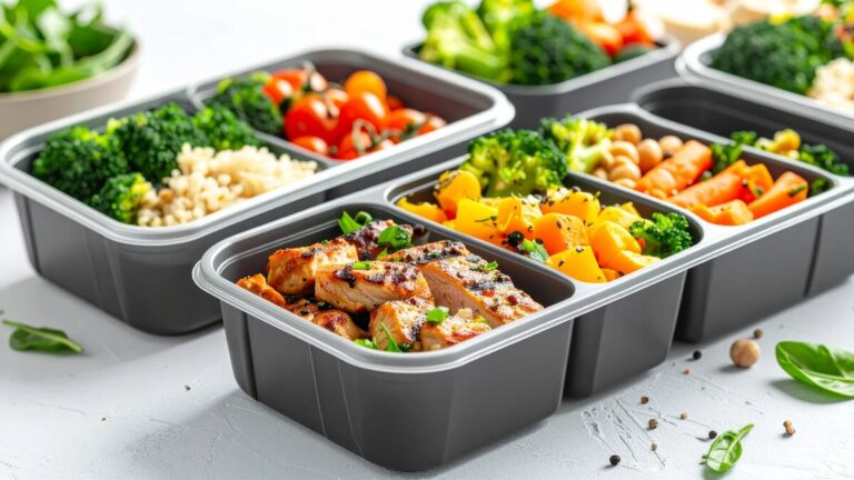 Healthy vegan meal prep containers with grilled tofu, steamed broccoli, quinoa, roasted carrots, and fresh vegetables
