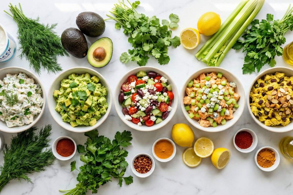 healthy chicken salad variations with greek yogurt avocado and fresh herbs on marble counter