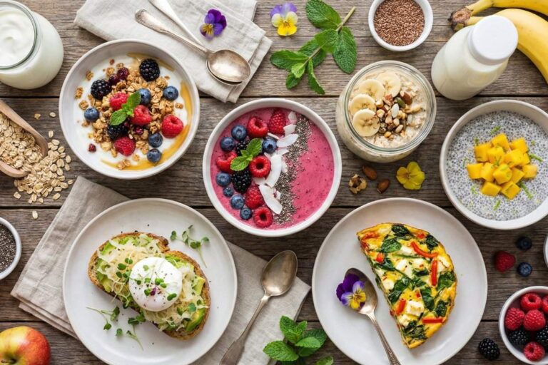 gut health breakfast recipes spread with yogurt parfait kefir smoothie overnight oats and fresh fruits