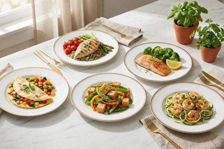 low calorie high protein meals on elegant dining table including grilled chicken salmon tofu and vegetables