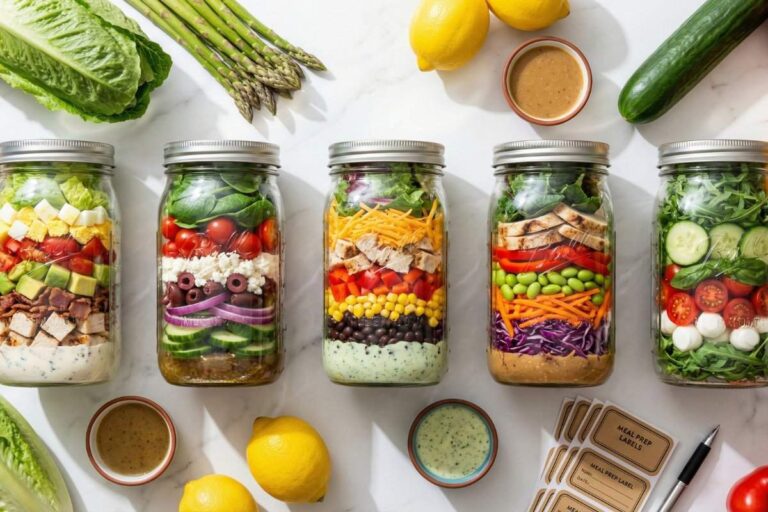 mason jar salads meal prep with layered cobb greek and southwest salads on marble counter