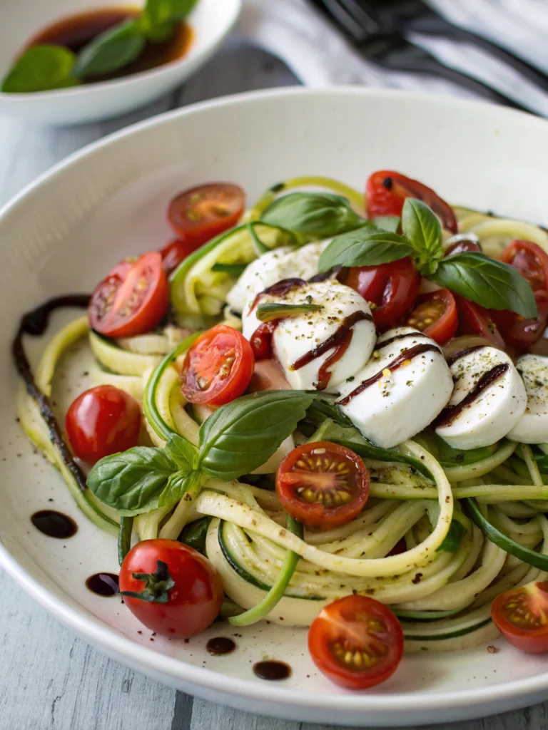 Caprese Zoodle Salad with fresh cherry tomatoes, mozzarella, and basil in a bowl