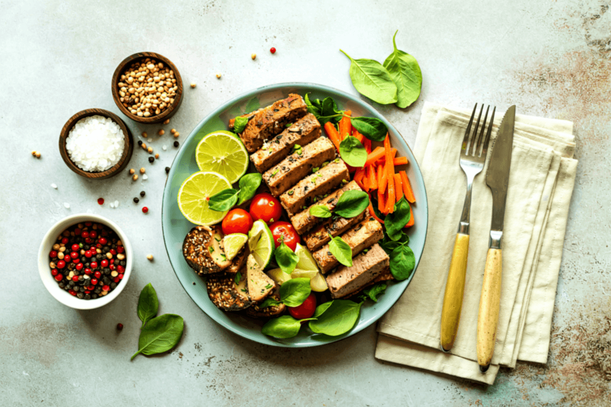 Grilled chicken meal prep bowl with fresh vegetables, lime wedges, and whole grains – healthy high-protein lunch idea