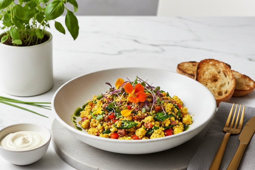 Modern tofu scramble elegant plating 22g protein plant-based luxury styling