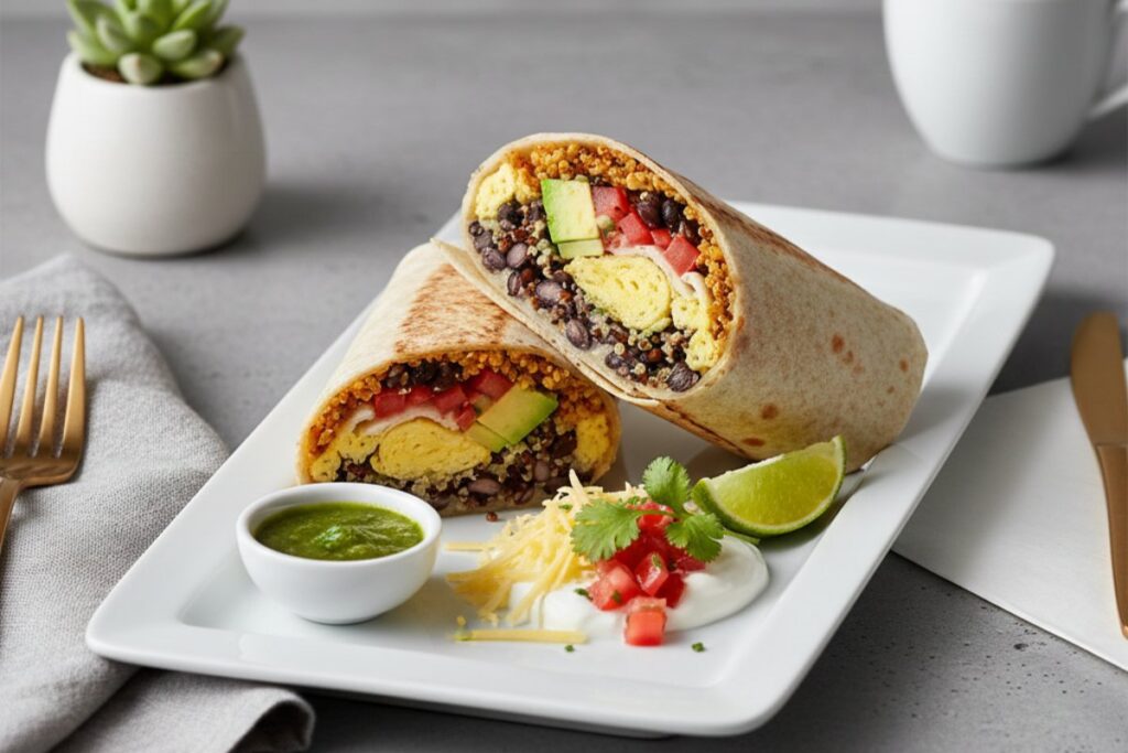 Modern breakfast burrito editorial styling 26g protein contemporary plating