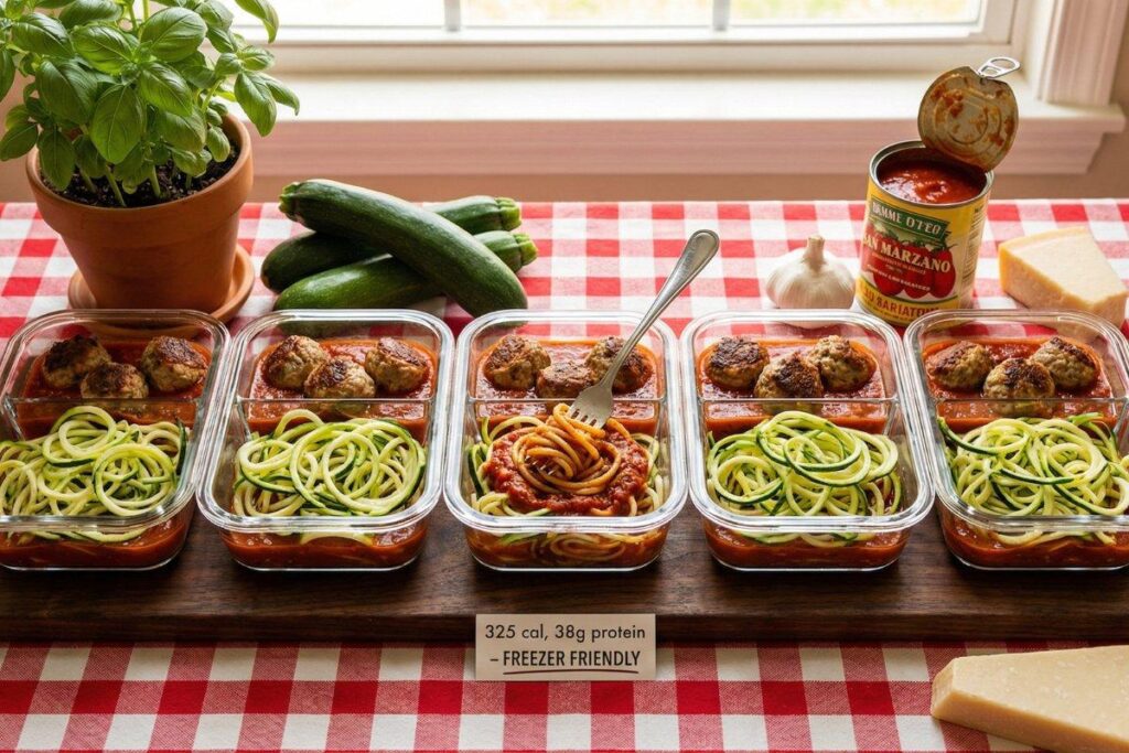 Turkey meatball meal prep with zucchini noodles, 325 calorie Italian meals
