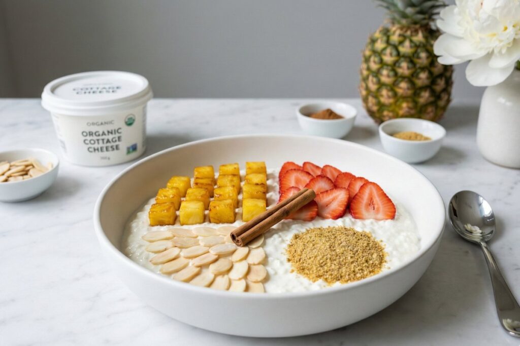 Minimalist luxury cottage cheese bowl 32g protein highest protein gluten free Scandinavian