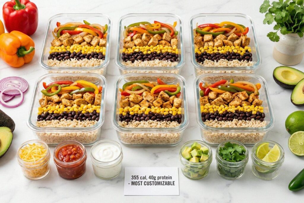 Chicken burrito bowl meal prep with customizable toppings, 355 calories