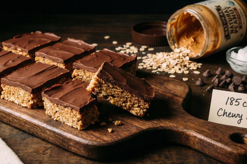 Peanut butter oat bars with chocolate, no bake vegan bars, 185 calories
