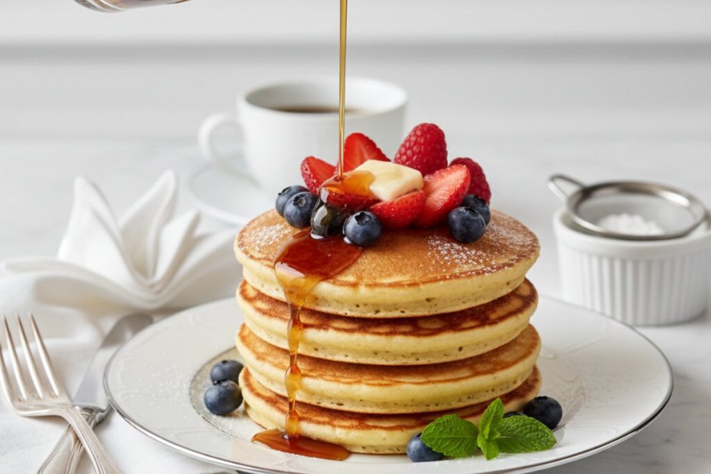 Luxury protein pancake stack fine dining styling 22g protein elegant presentation