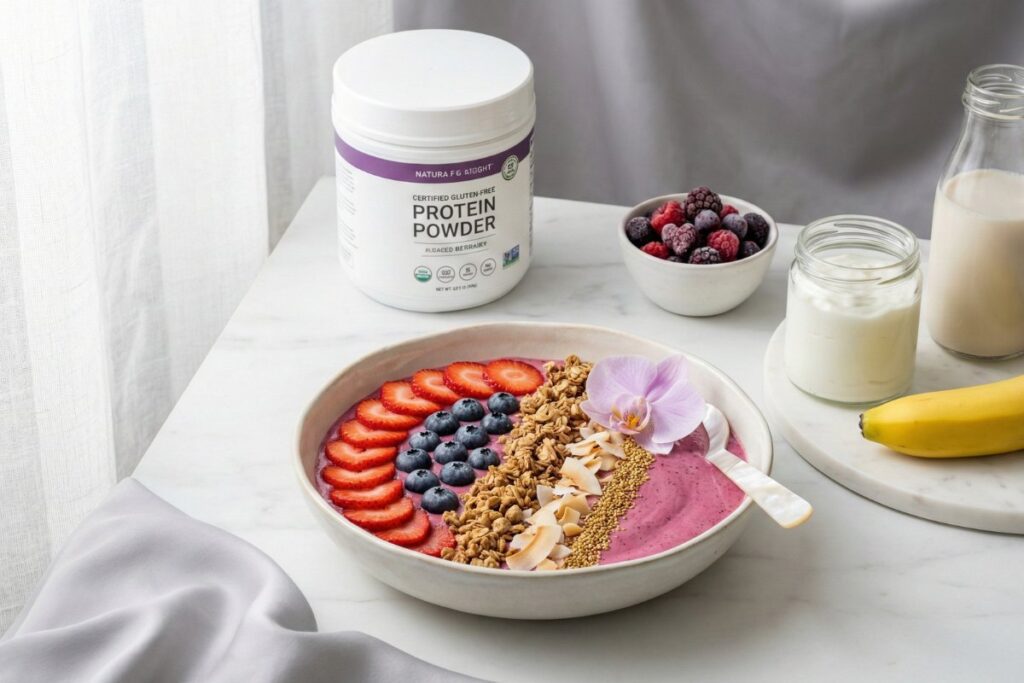 Luxury protein smoothie bowl artisan ceramic 28g protein gluten free Instagram worthy