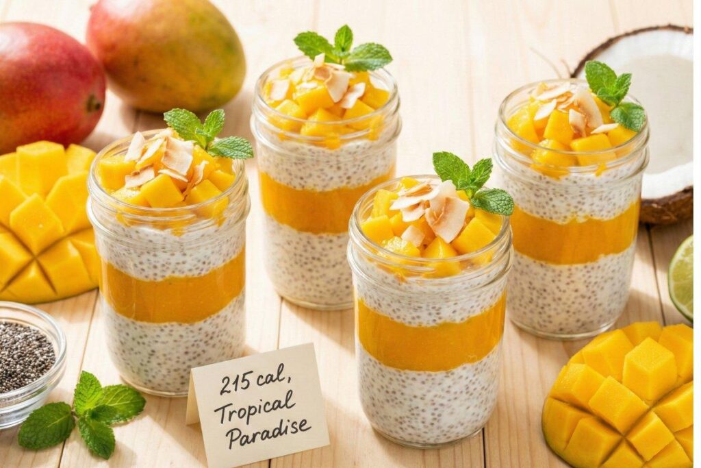 Mango coconut chia pudding in jars, layered no bake vegan dessert