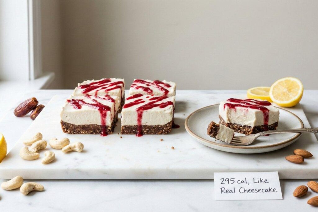 No bake cashew cheesecake bars, creamy vegan cheesecake, 295 calories