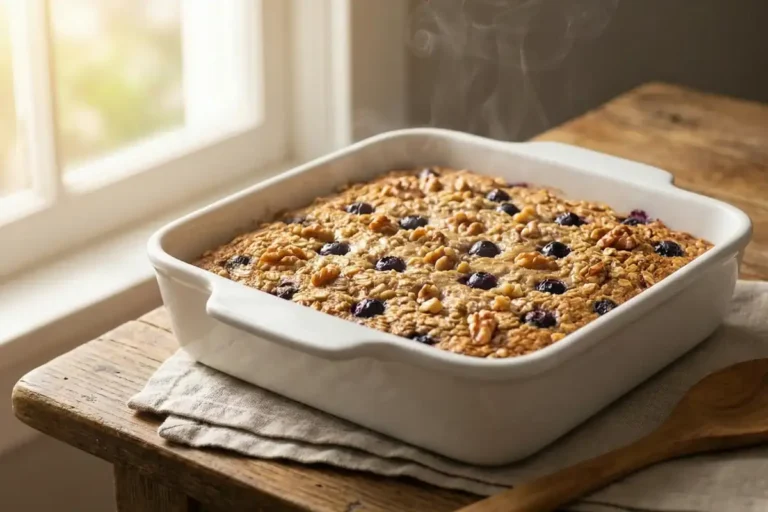 High protein baked oatmeal in baking dish fresh from oven with golden top