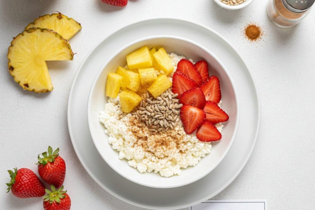 Cottage cheese bowl with pineapple, highest protein breakfast 28g protein