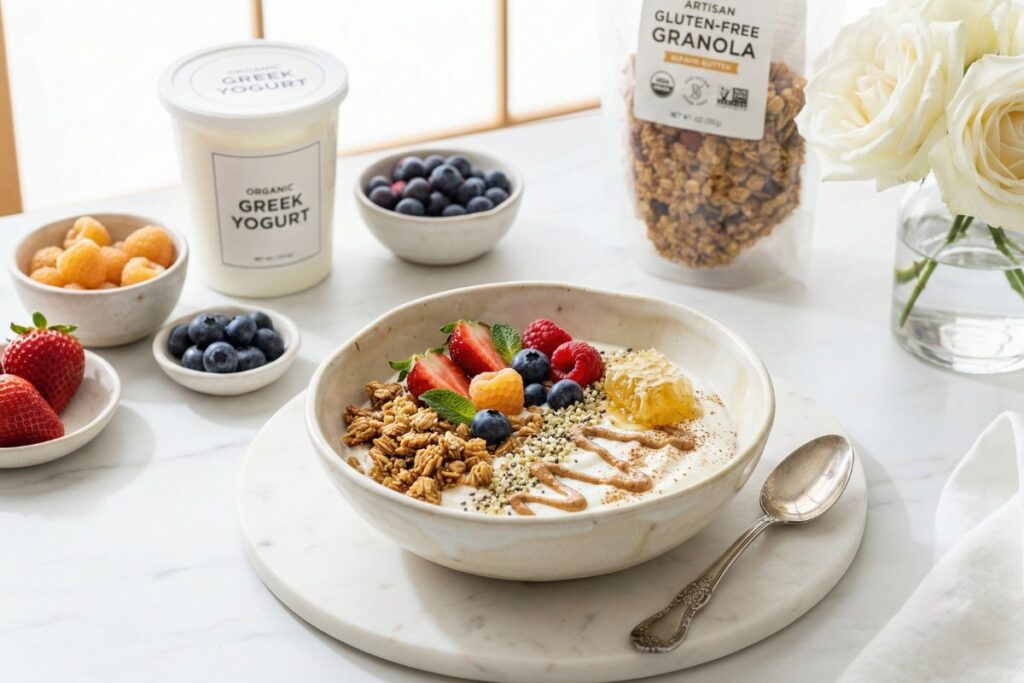 Luxury Greek yogurt bowl handcrafted ceramic 30g protein gluten free elegant 