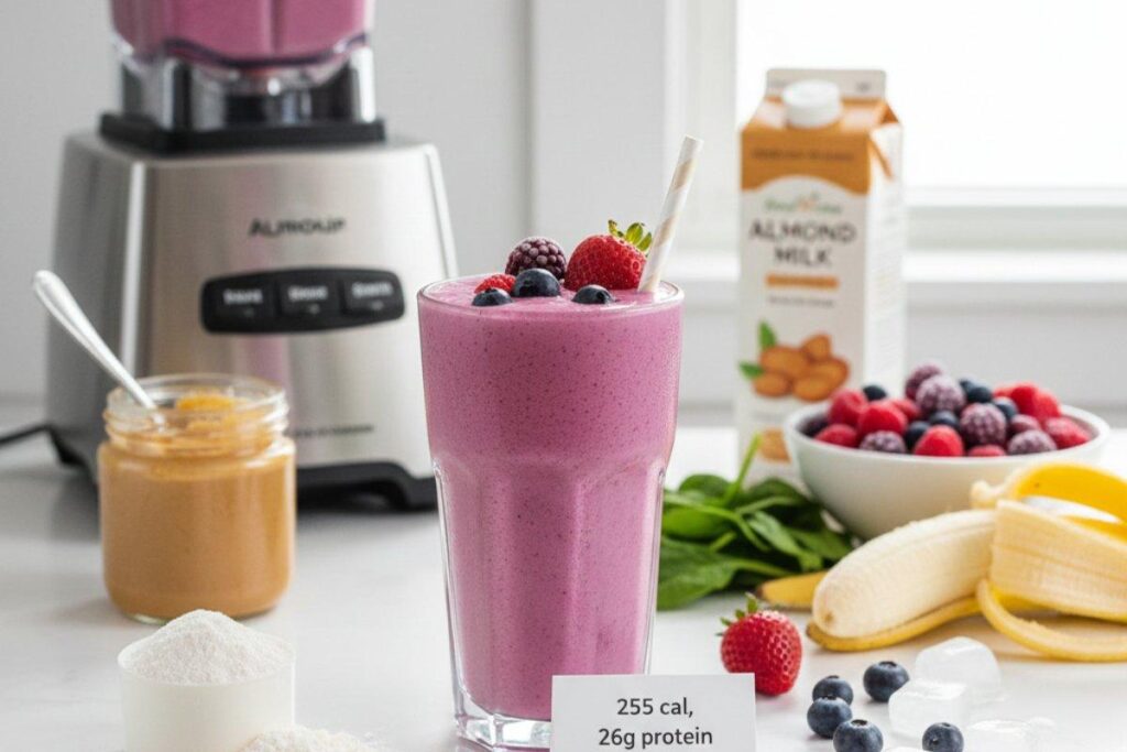 Protein smoothie with berries and banana, portable 255 calorie breakfast