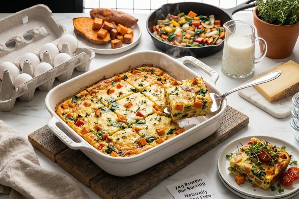 Baked egg vegetable casserole Le Creuset 24g protein gluten free meal prep rustic elegant