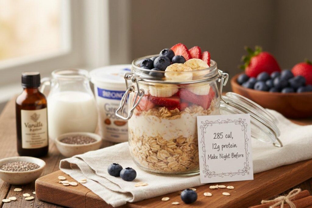 Overnight oats in mason jar with berries, make-ahead breakfast 285 calories