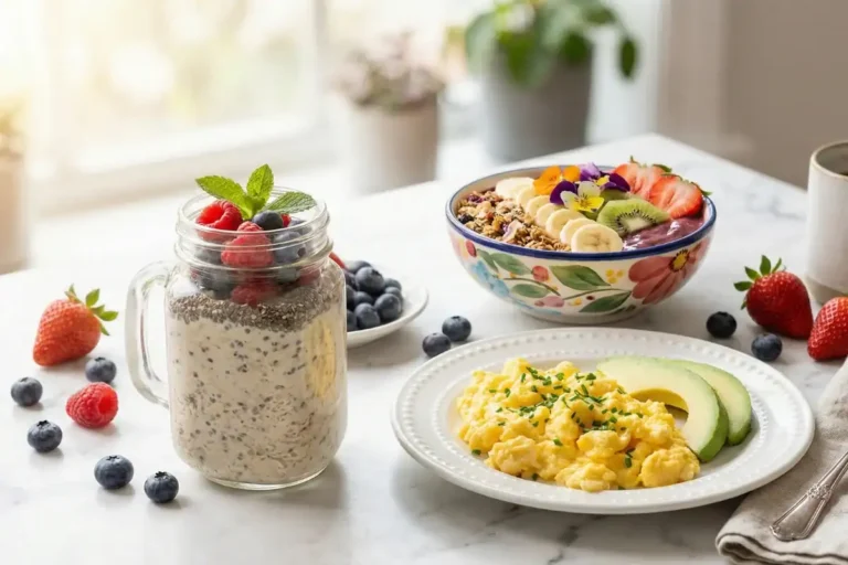 High protein gluten free breakfast spread with overnight oats, eggs, and smoothie bowl