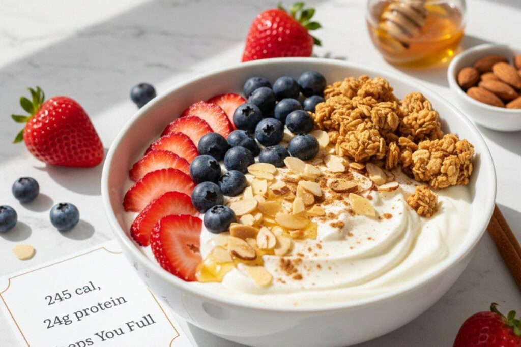 Greek yogurt protein bowl with berries and granola, 245 calories 24g protein