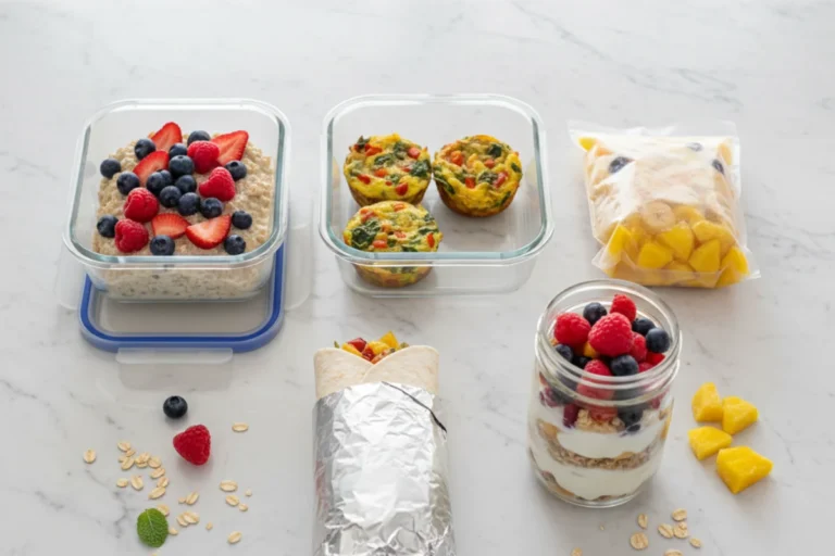 25 healthy breakfast meal prep ideas displayed in glass containers on white marble countertop including overnight oats egg cups burritos and parfaits