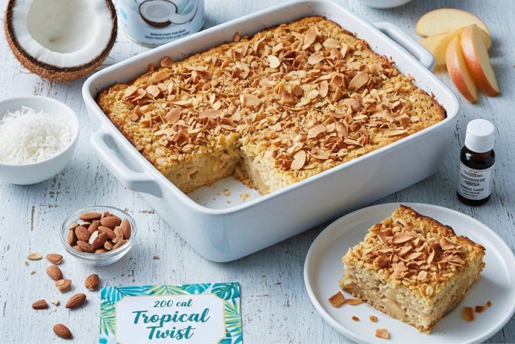 Coconut apple baked oatmeal with toasted coconut and almonds, tropical version