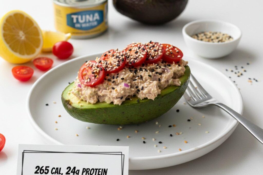 Tuna avocado boat with tomatoes, savory unconventional 265 calorie breakfast