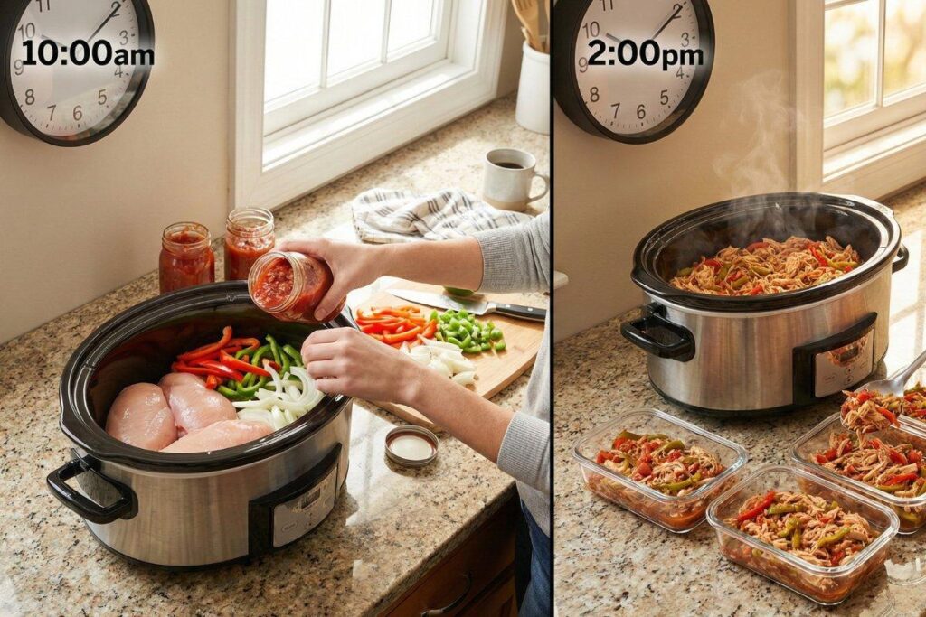 Slow cooker salsa chicken meal prep before and after, easiest method