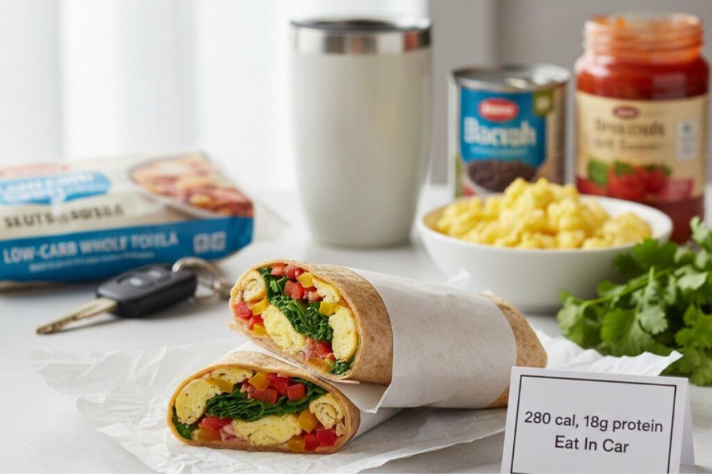 Egg and veggie breakfast wrap in low-carb tortilla, portable 280 calorie breakfast