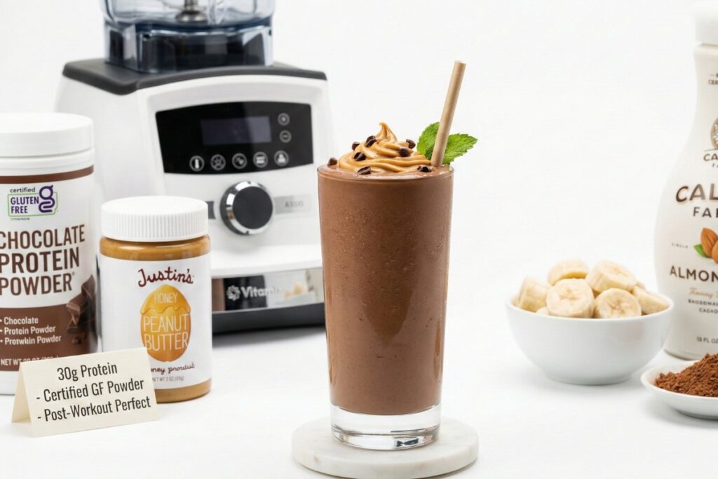 Luxury peanut butter protein smoothie Riedel crystal 30g protein certified gluten free commercial