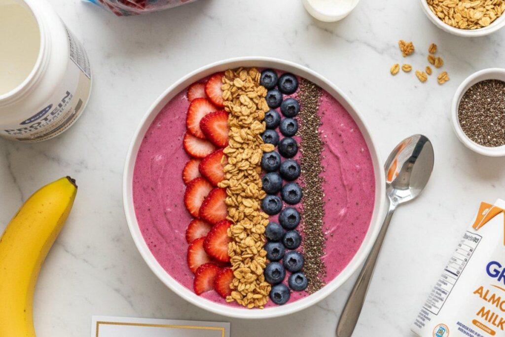 Berry protein smoothie bowl with organized toppings, photogenic 275 calorie breakfast