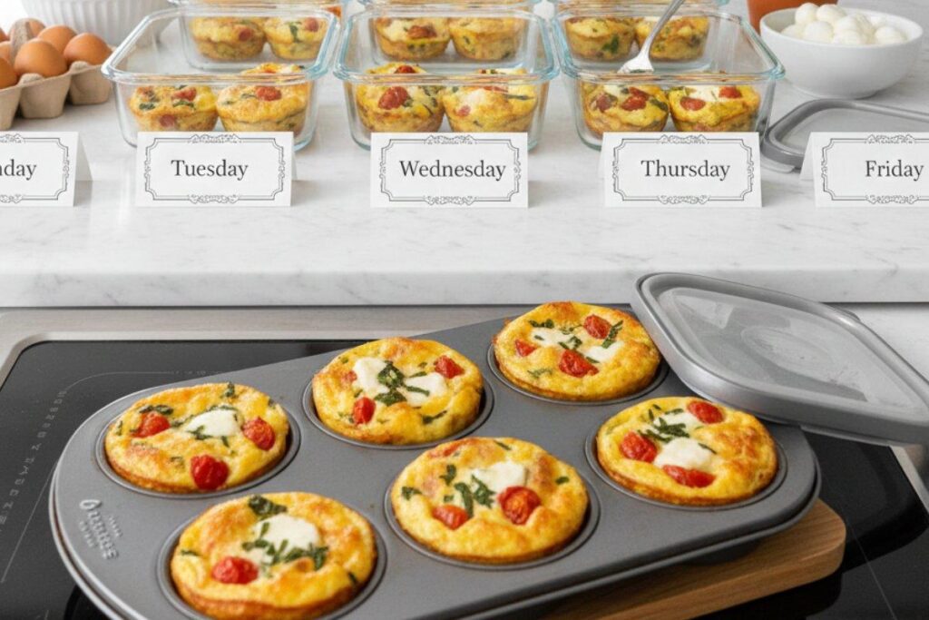 Caprese egg cups meal prep in muffin tin, make ahead 195 calorie breakfast