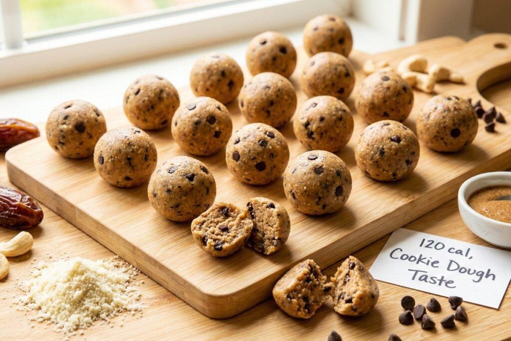 Cookie dough energy balls no bake vegan dessert, 120 calories each