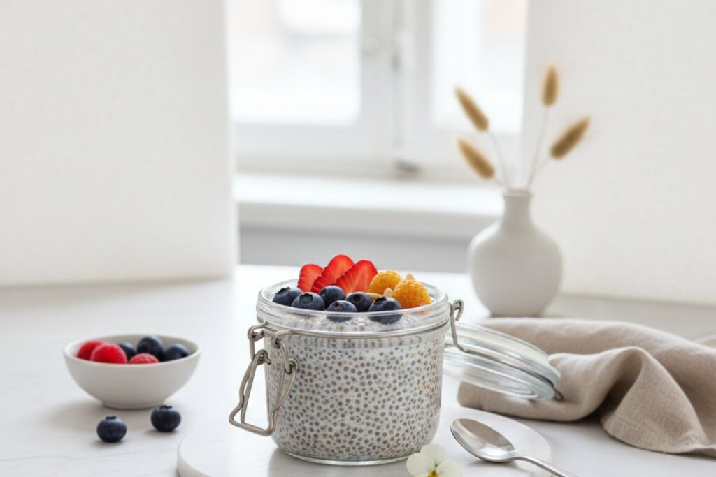 Minimalist chia pudding luxury jar Scandinavian styling 18g protein elegant