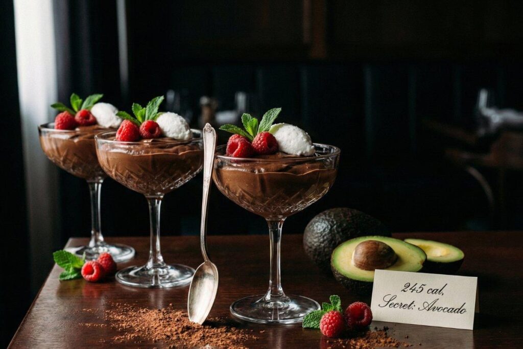 Chocolate avocado mousse in glasses, rich no bake vegan dessert