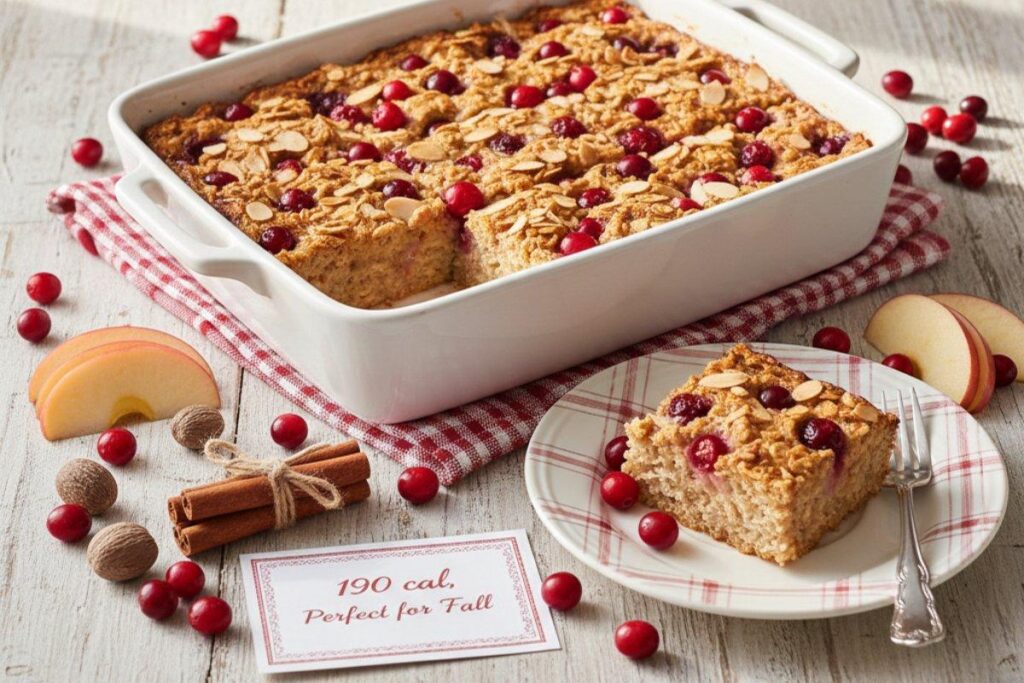 Cranberry apple baked oatmeal with fresh cranberries and almonds, fall recipe