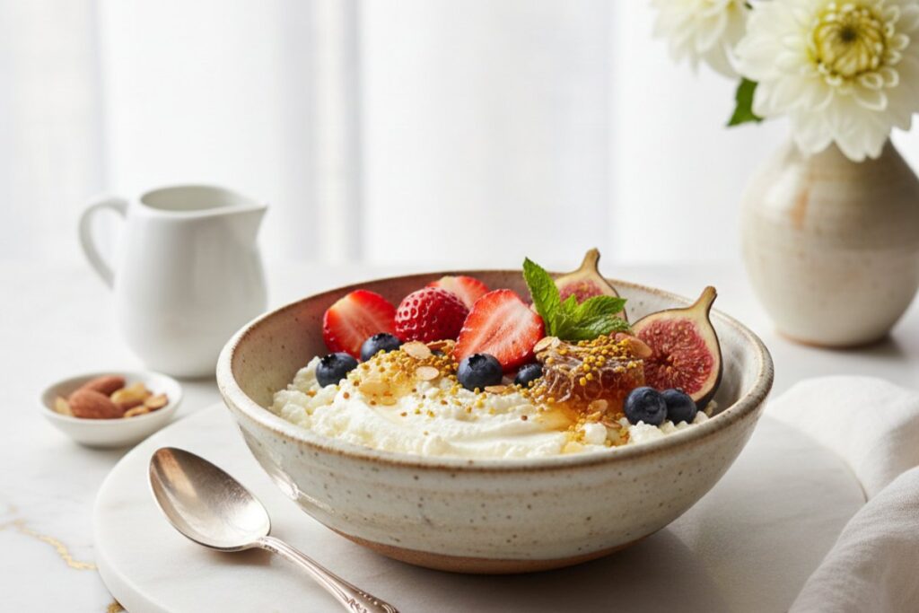 Refined cottage cheese bowl artisan ceramic 32g protein luxury styling