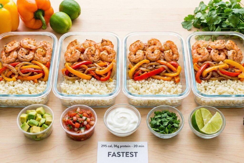 Shrimp fajita bowl meal prep ready in 20 minutes, 295 calories