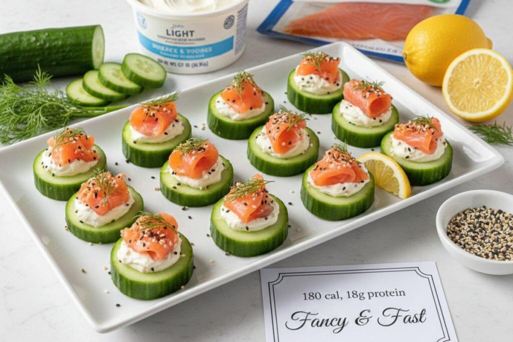 Smoked salmon cucumber bites with cream cheese, elegant 180 calorie breakfast