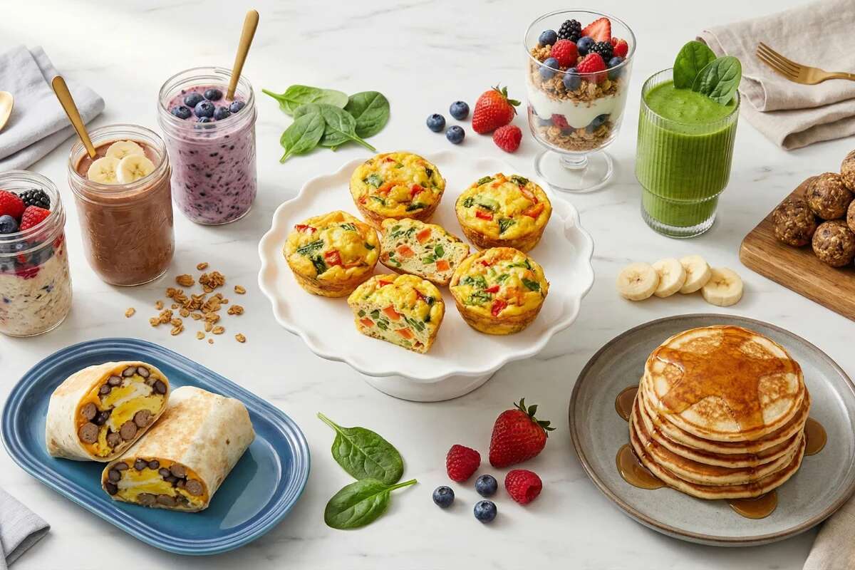 High protein make ahead breakfast spread with overnight oats egg muffins and pancakes