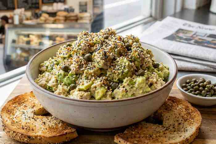 Everything bagel tuna avocado salad with capers, no mayo, NYC deli style
