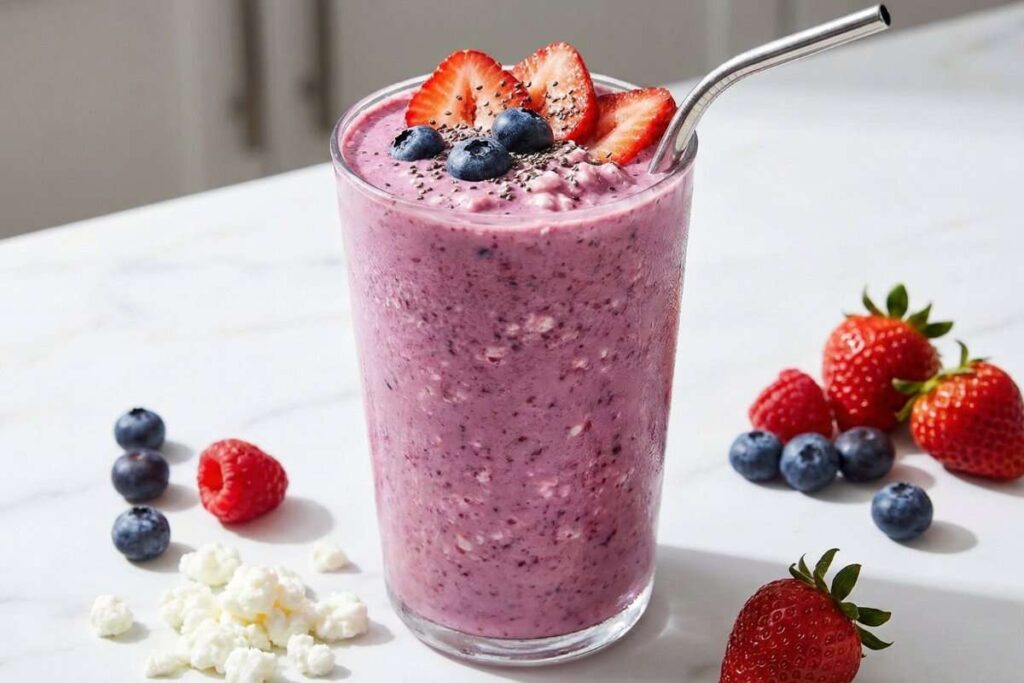 Thick cottage cheese protein smoothie with fresh berries, high-protein breakfast drink