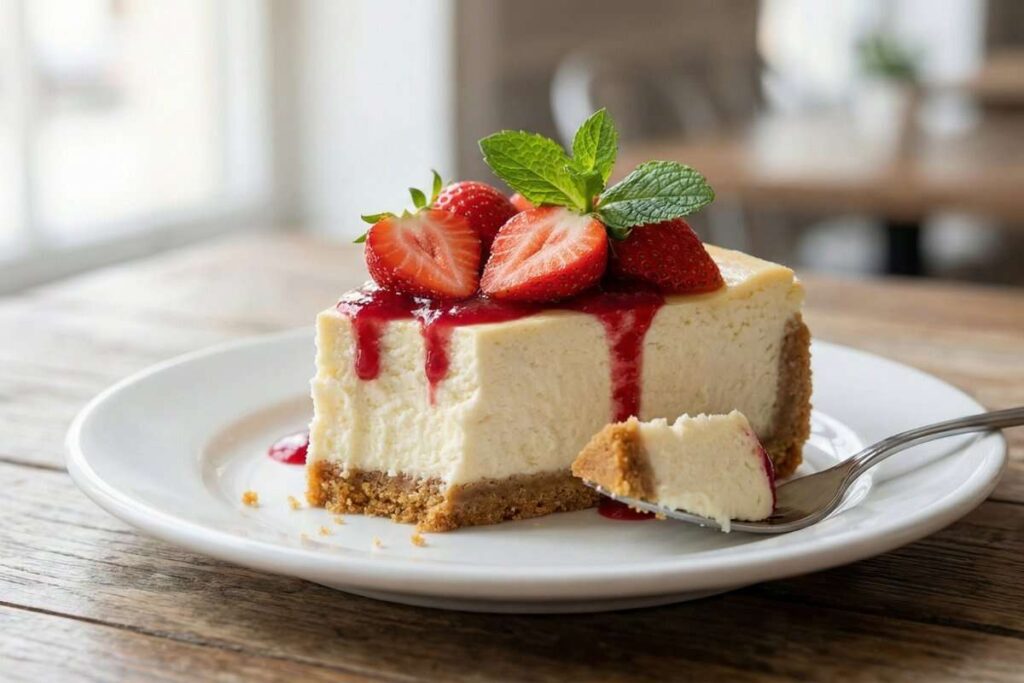 Cottage cheese protein cheesecake slice with fresh berries, high-protein dessert