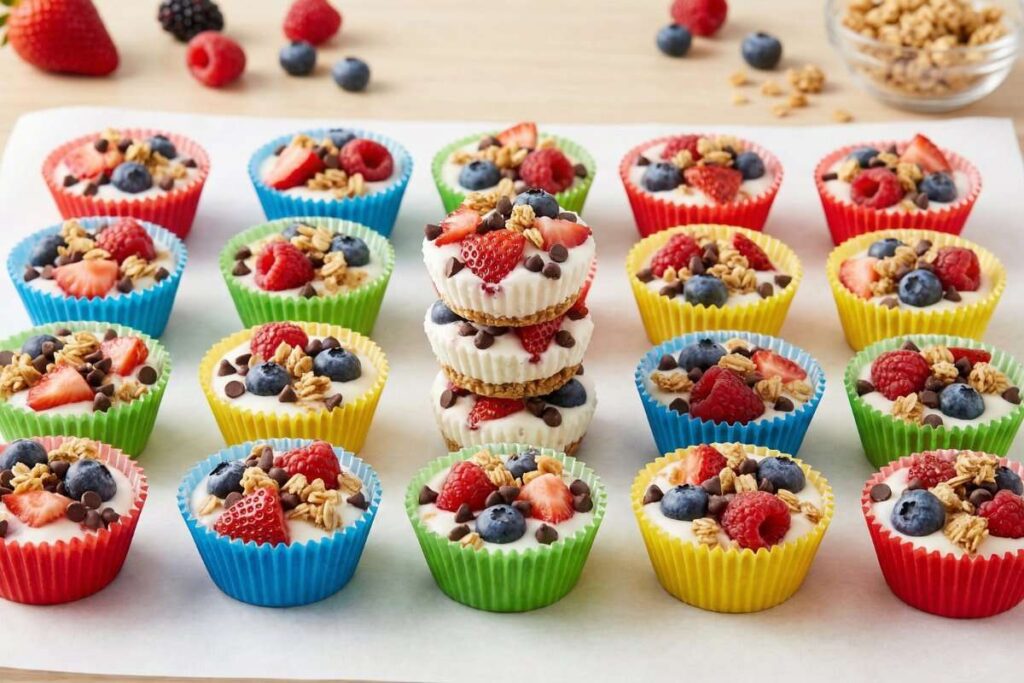 Frozen yogurt bark bites with berries and granola, healthy frozen dessert for kids