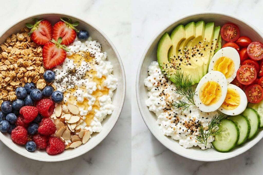 Sweet and savory cottage cheese protein bowls with toppings, high-protein meal ideas