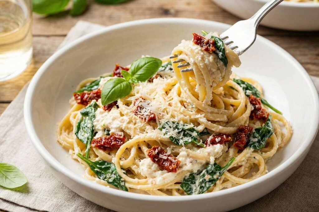 Pasta with creamy cottage cheese sauce, sun-dried tomatoes and spinach, high-protein dinner